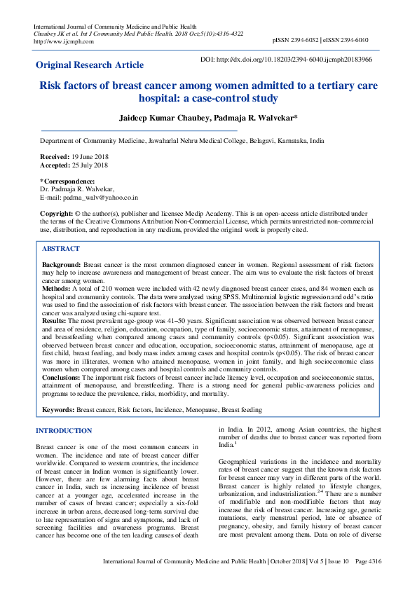 (PDF) Risk factors of breast cancer among women admitted to a tertiary ...