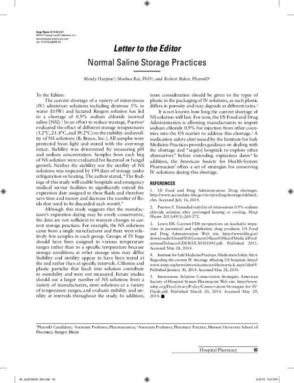 (PDF) Normal Saline Storage Practices Shuhua Bai Academia.edu