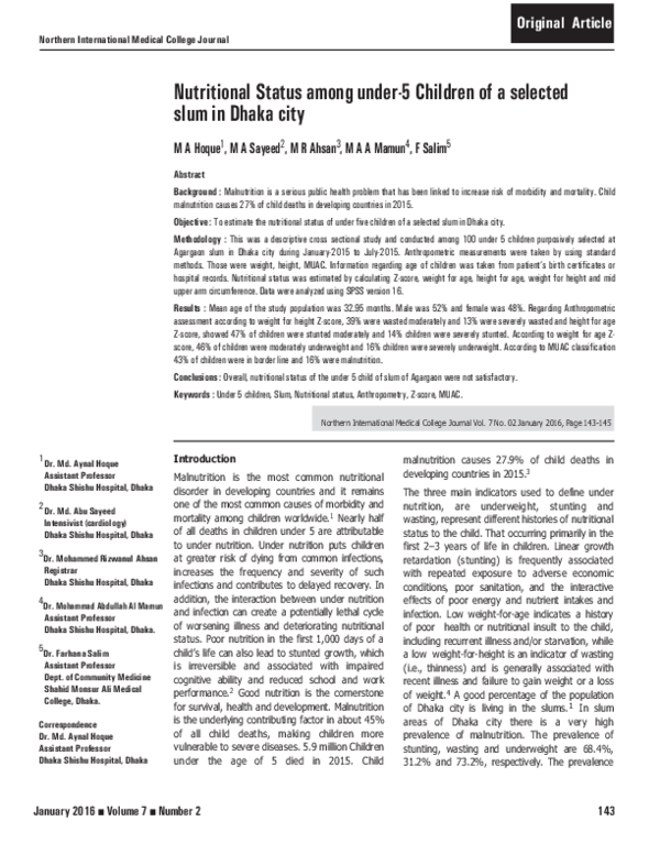 (PDF) Nutritional Status among under-5 Children of a selected slum in ...