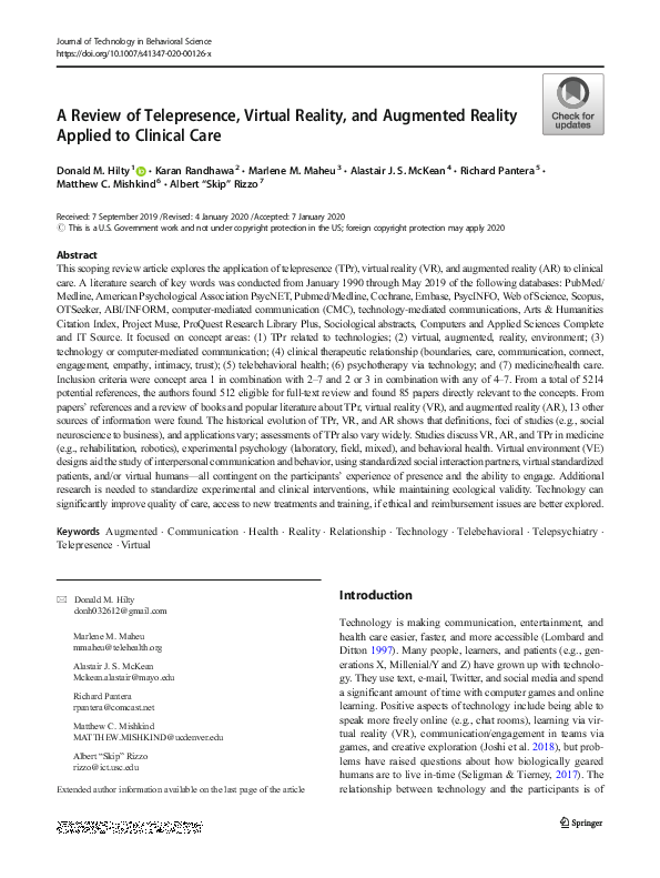 (PDF) A Review of Telepresence, Virtual Reality, and Augmented Reality ...