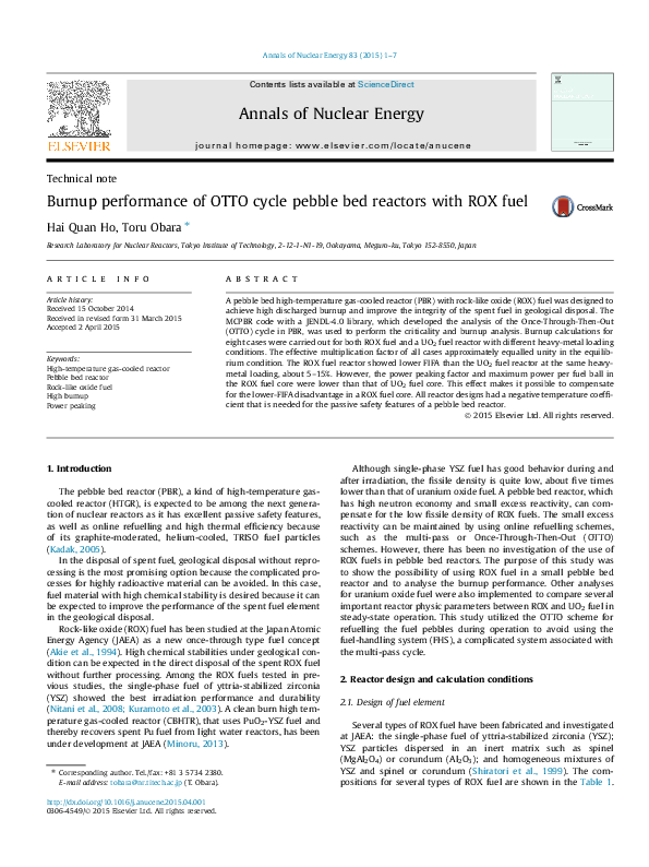 (PDF) Burnup performance of OTTO cycle pebble bed reactors with ROX fuel