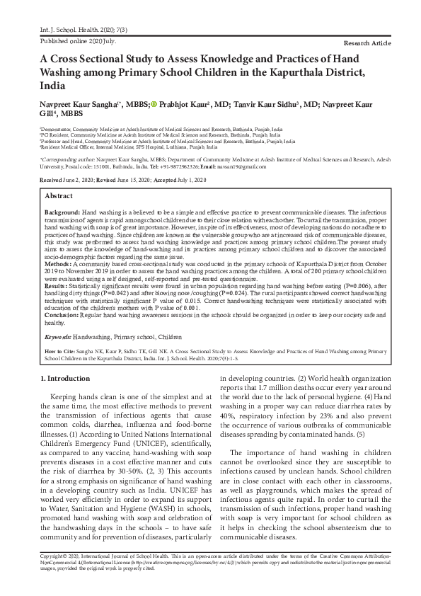 (PDF) A Cross Sectional Study to Assess Knowledge and Practices of Hand ...
