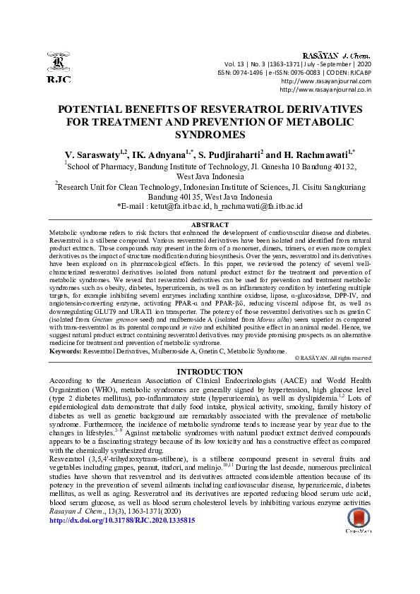 (PDF) Potential Benefits of Resveratrol Derivatives for Treatment and ...