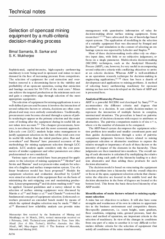 (PDF) Selection of opencast mining equipment by a multi-criteria ...