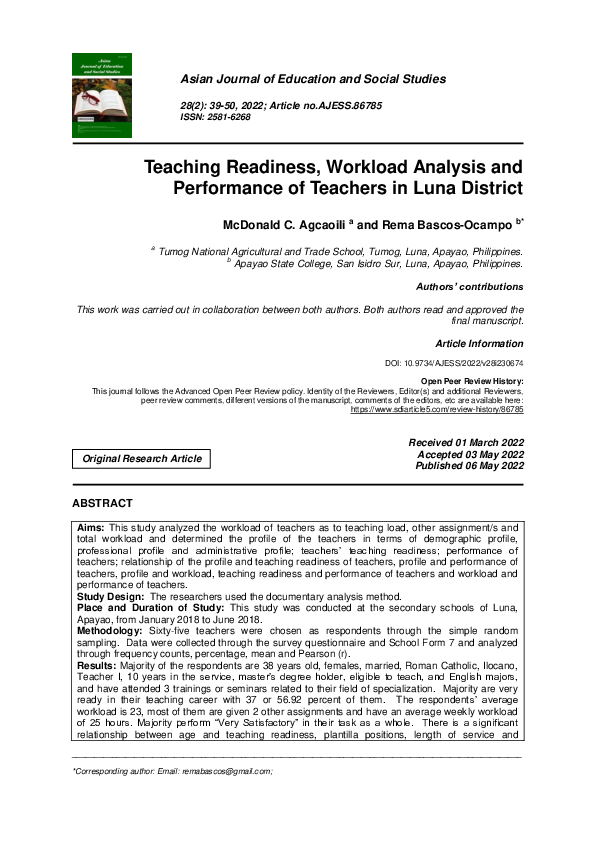 (PDF) Teaching Readiness, Workload Analysis and Performance of Teachers ...
