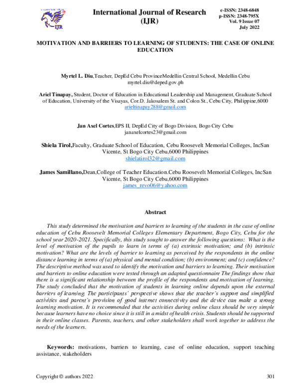 (PDF) MOTIVATION AND BARRIERS TO LEARNING OF STUDENTS: THE CASE OF ...