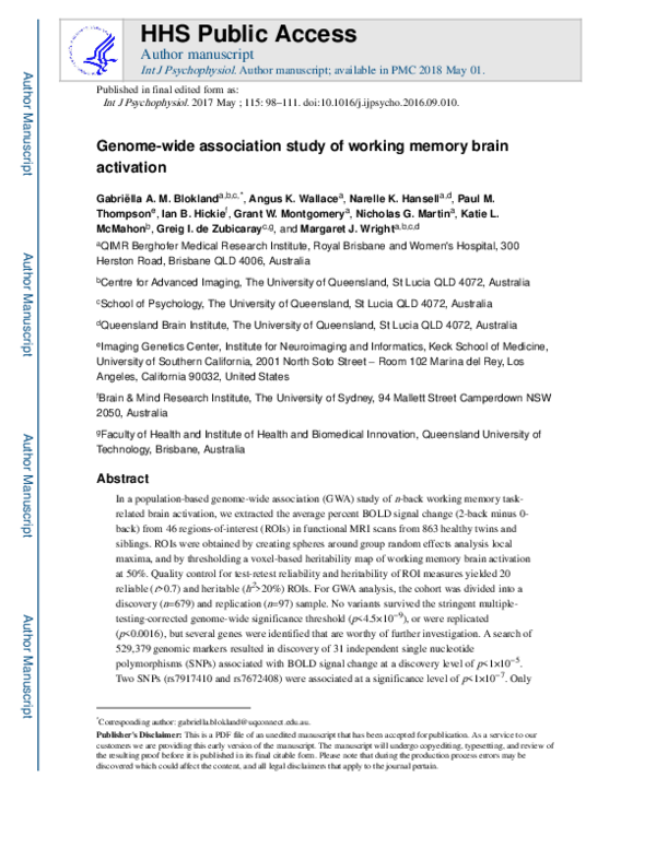 (PDF) Genome-wide association study of working memory brain activation