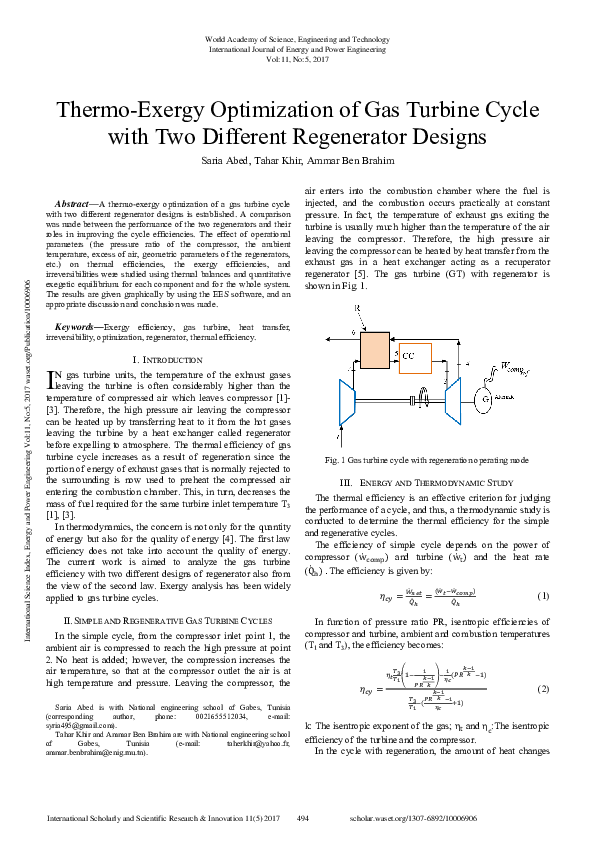 (PDF) Thermo-Exergy Optimization Of Gas Turbine Cycle With Two ...