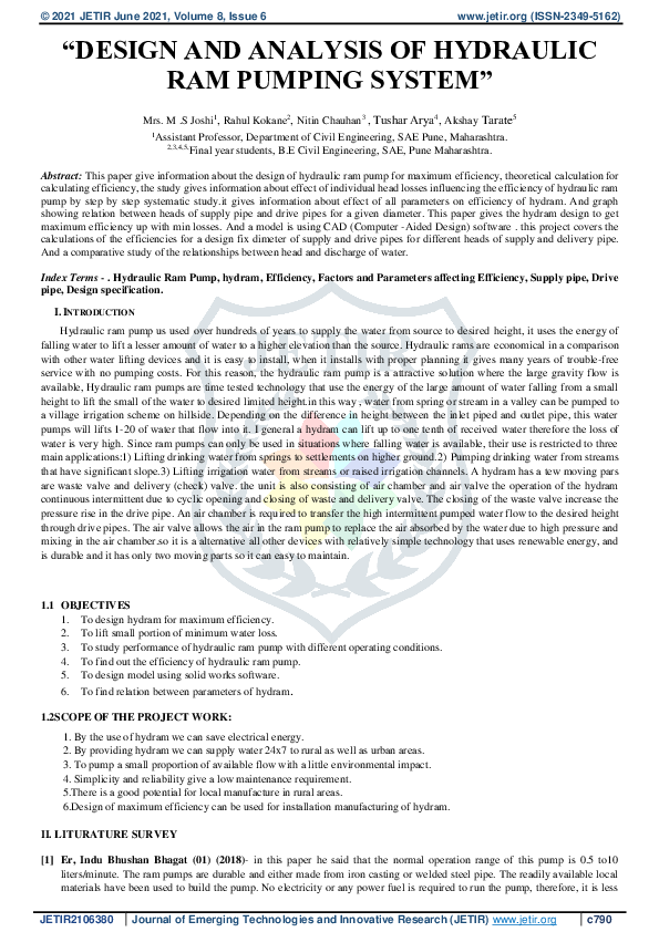 (PDF) "DESIGN AND ANALYSIS OF HYDRAULIC RAM PUMPING SYSTEM" Nitin