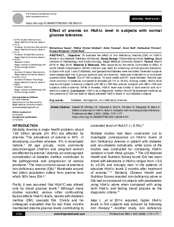 (PDF) Effect of anemia on HbA1c level in subjects with normal glucose ...
