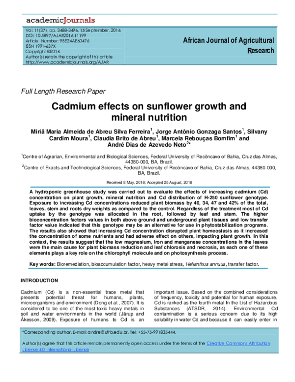 (PDF) Cadmium effects on sunflower growth and mineral nutrition