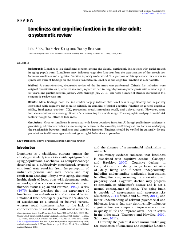 (PDF) Loneliness and cognitive function in the older adult: a ...