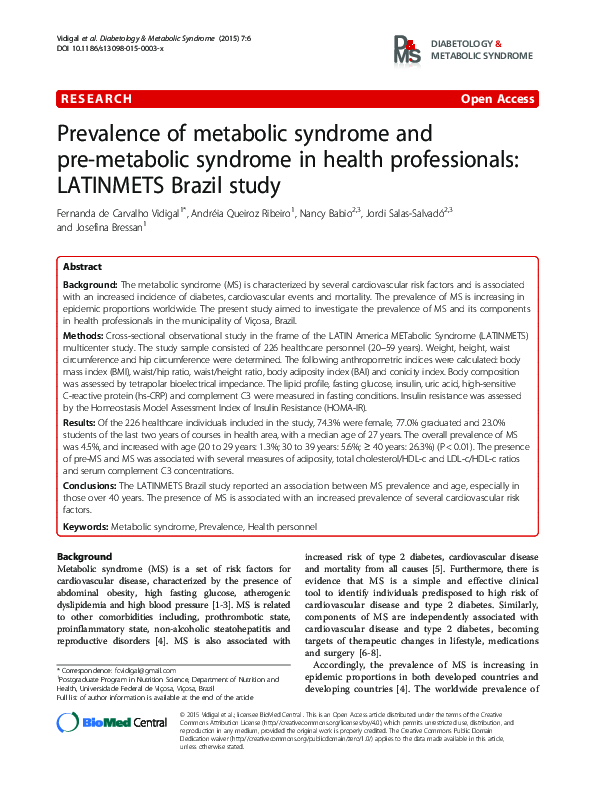 (PDF) Prevalence of metabolic syndrome and pre-metabolic syndrome in ...