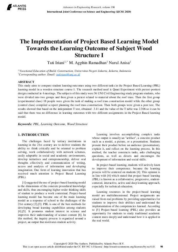 (PDF) The Implementation of Project Based Learning Model Towards the ...