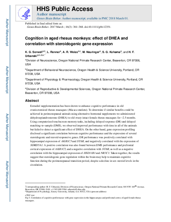 (PDF) Cognition in aged rhesus monkeys effect of DHEA and correlation with steroidogenic gene