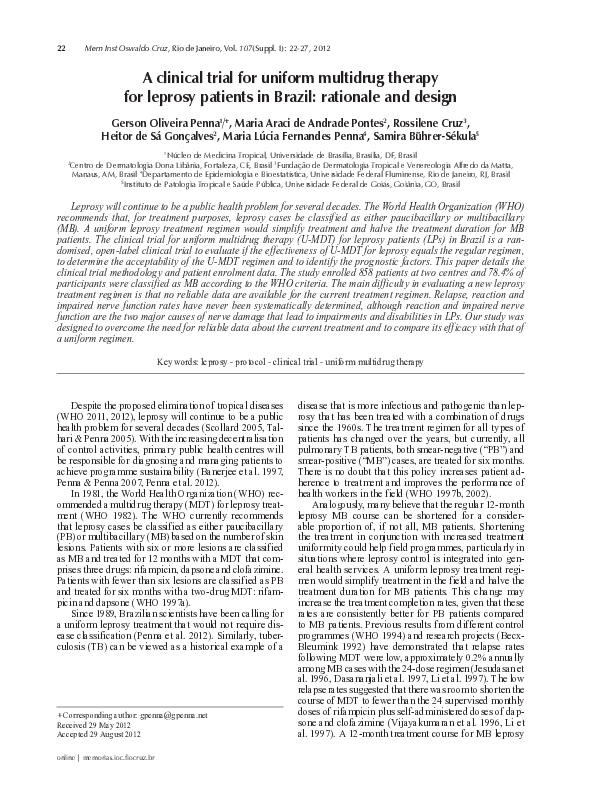 (PDF) A clinical trial for uniform multidrug therapy for leprosy
