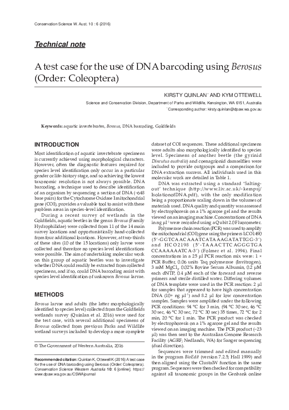 (PDF) A test case for the use of DNA barcoding using Berosus (Order ...