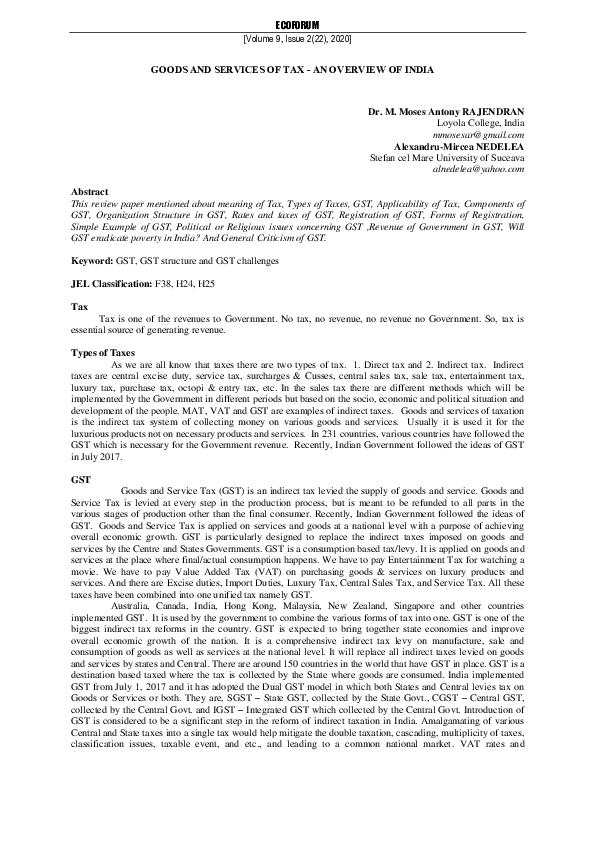 (PDF) Goods and Services of Tax - An Overview of India