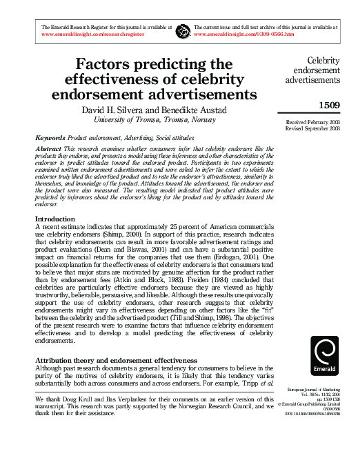 (PDF) Factors predicting the effectiveness of celebrity endorsement