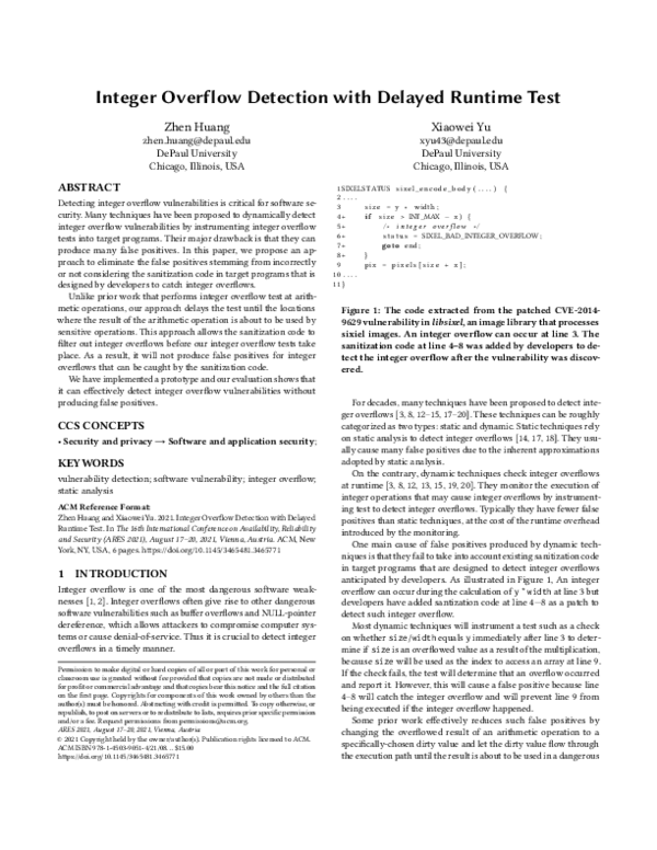 (PDF) Integer Overflow Detection with Delayed Runtime Test