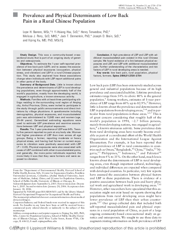 (PDF) Prevalence and Physical Determinants of Low Back Pain in a Rural ...