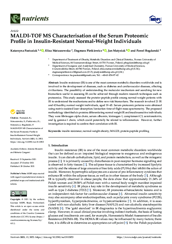 (PDF) MALDI-TOF MS Characterisation of the Serum Proteomic Profile in ...