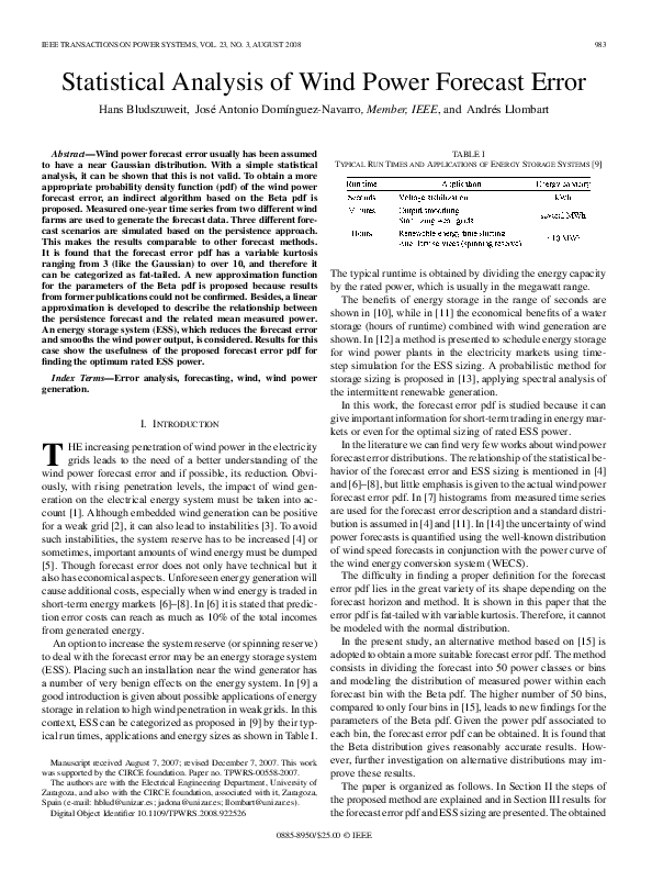 (PDF) Statistical Analysis of Wind Power Forecast Error