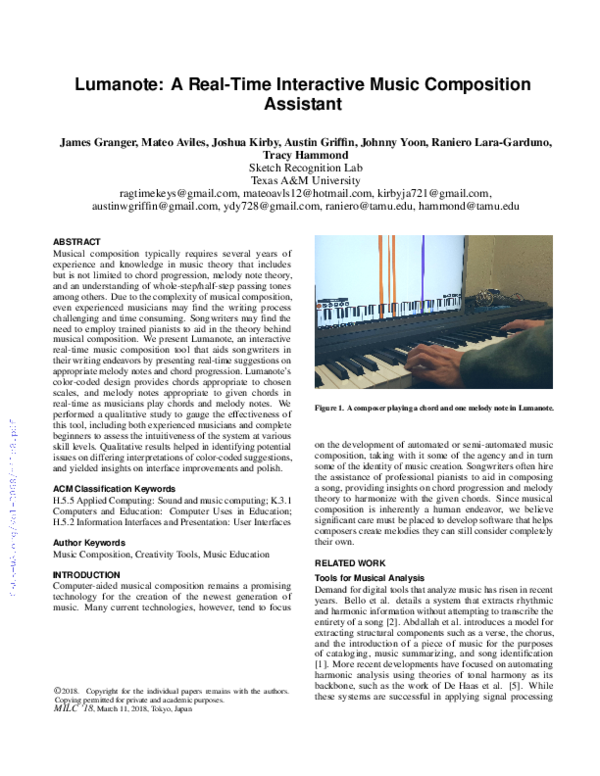 (PDF) Lumanote: A Real-Time Interactive Music Composition Assistant