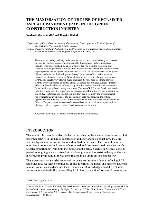 (PDF) The Maximisation of the Use of Reclaimed Asphalt Pavement (Rap ...