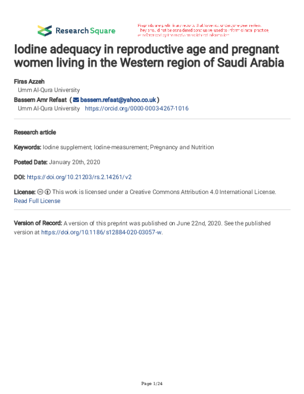 (PDF) Iodine adequacy in reproductive age and pregnant women living in ...