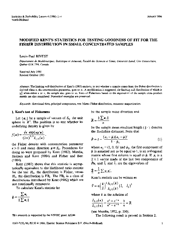 (PDF) Modified Kent's statistics for testing goodness of fit for the ...