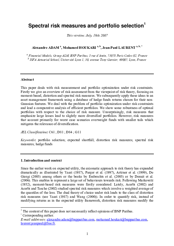 (PDF) Spectral risk measures and portfolio selection