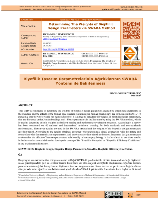 (PDF) Determining The Weights of Biophilic Design Parameters via SWARA ...