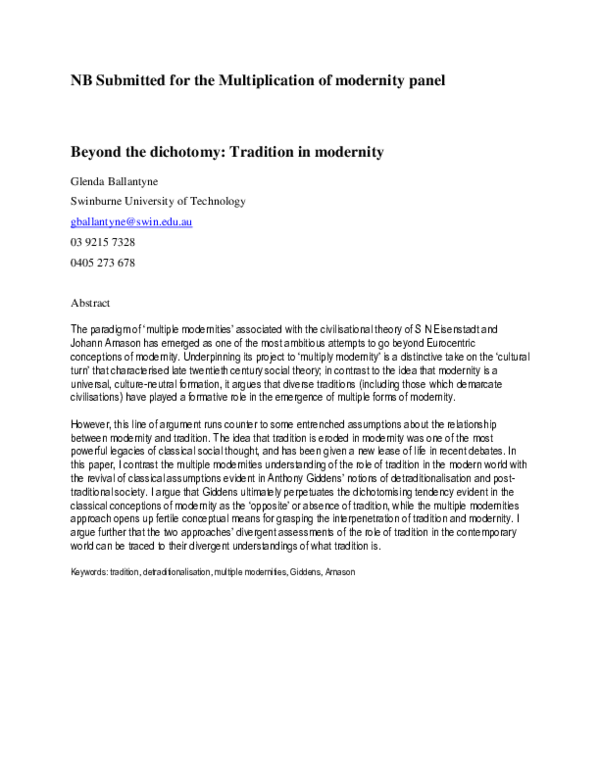 (PDF) NB Submitted for the Multiplication of modernity panel Beyond the ...