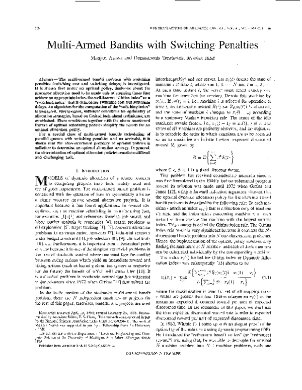 (PDF) Multi-armed bandits with switching penalties