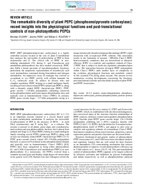 (PDF) The remarkable diversity of plant PEPC (phosphoenolpyruvate ...