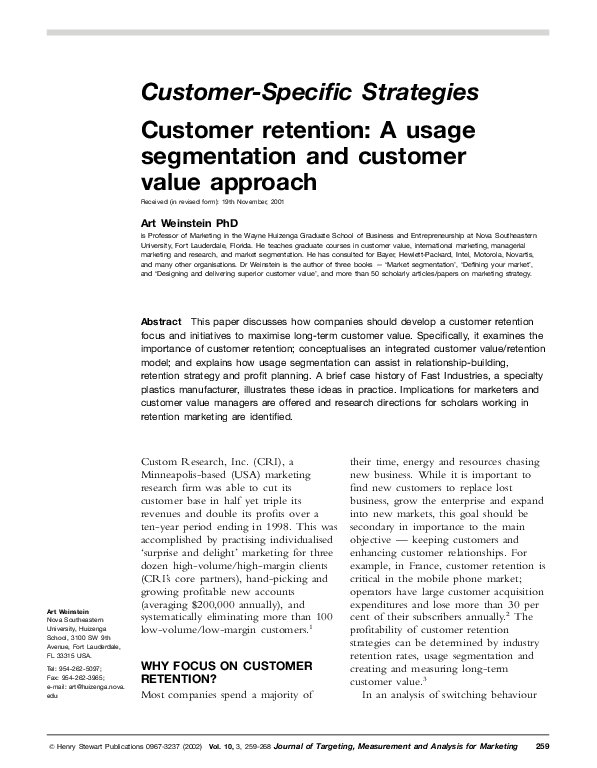 (PDF) Customer retention: A usage segmentation and customer value approach