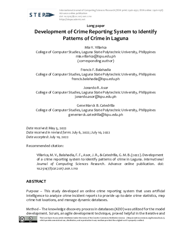 (PDF) Development of Crime Reporting System to Identify Patterns of ...