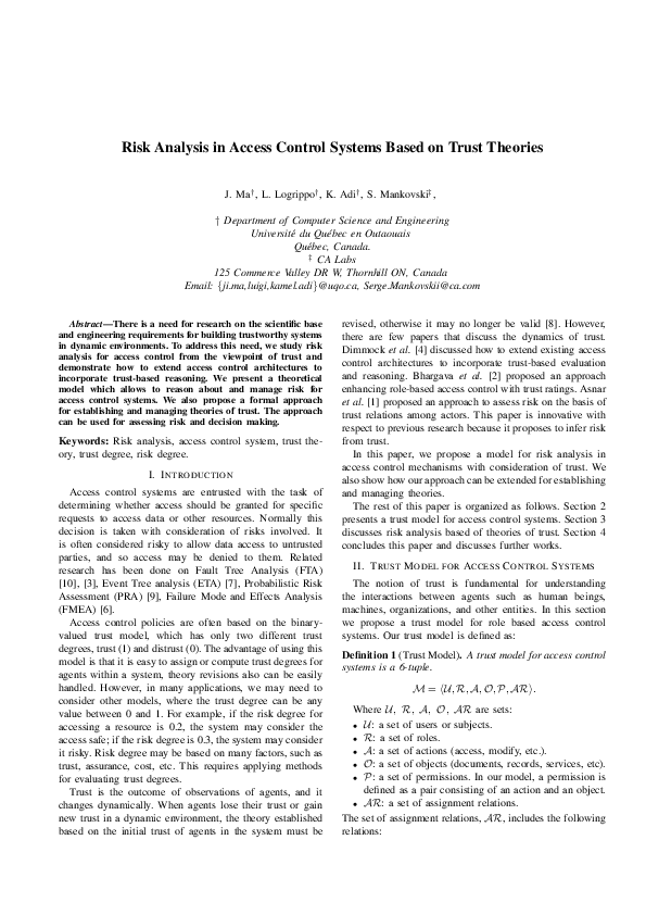 (PDF) Risk Analysis in Access Control Systems Based on Trust Theories