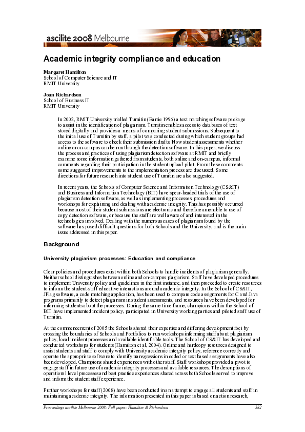 (PDF) Academic integrity compliance and education | Margaret Hamilton ...