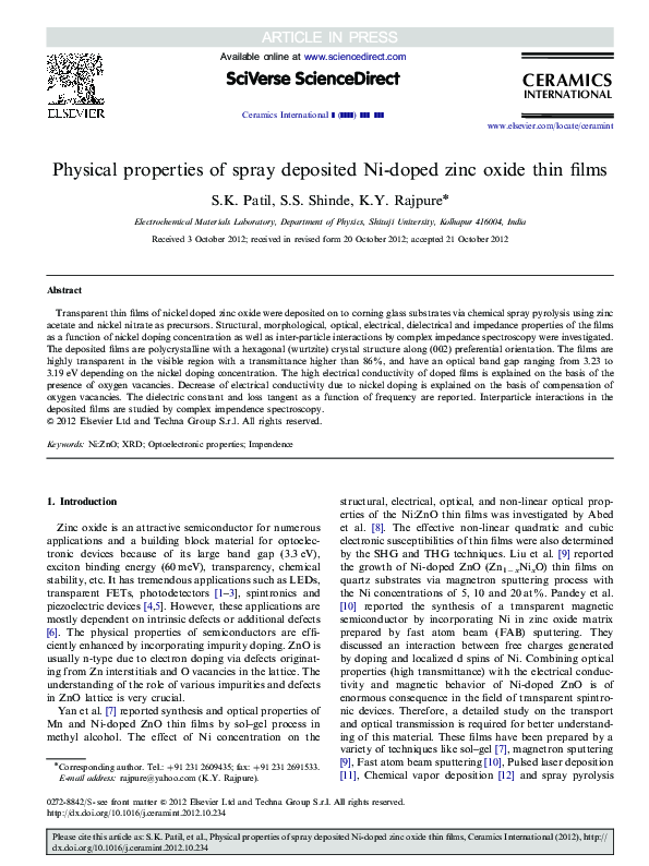 (PDF) Physical properties of spray deposited Ni-doped zinc oxide thin films