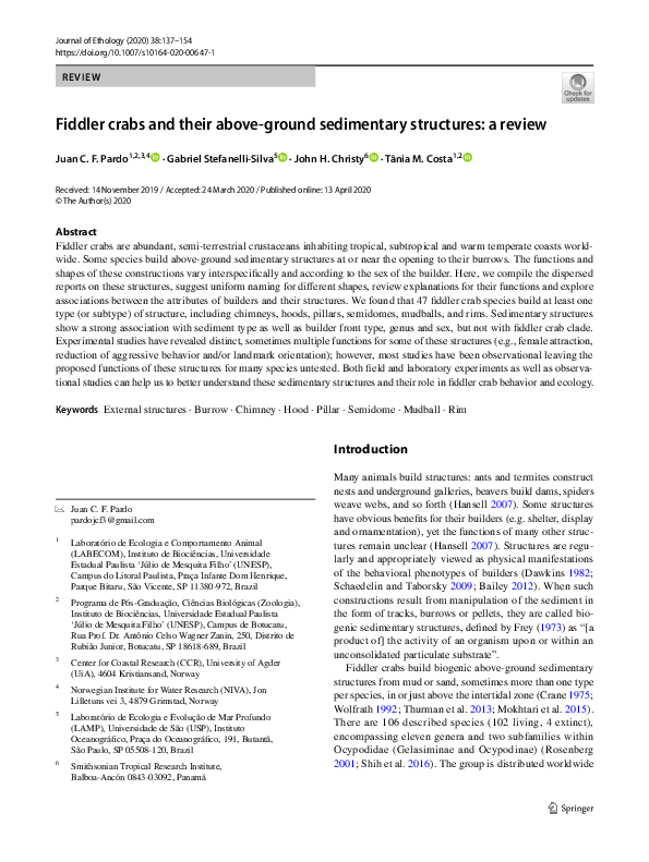 (PDF) Fiddler crabs and their above-ground sedimentary structures: a review