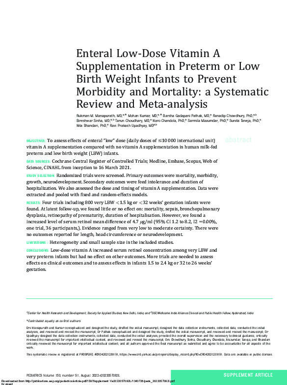 (PDF) Enteral Low-Dose Vitamin A Supplementation in Preterm or Low ...