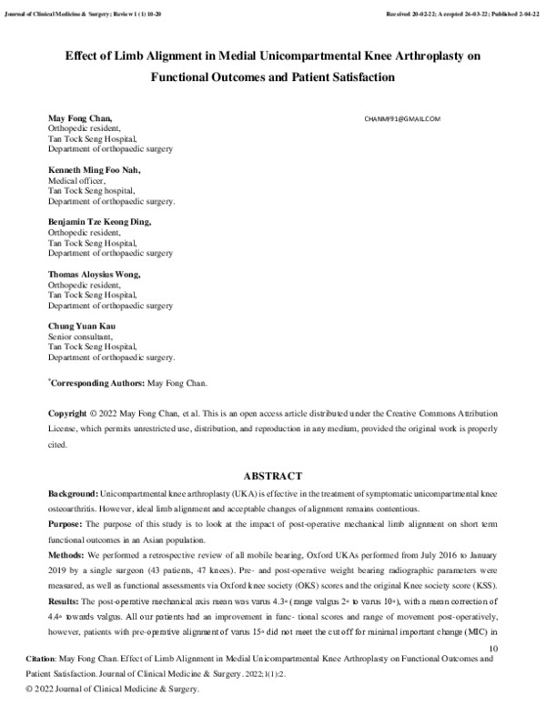(PDF) Effect of Limb Alignment in Medial Unicompartmental Knee ...