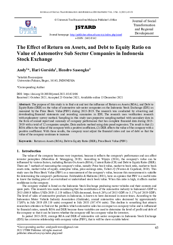 (PDF) The Effect of Return on Assets, and Debt to Equity Ratio on Value ...