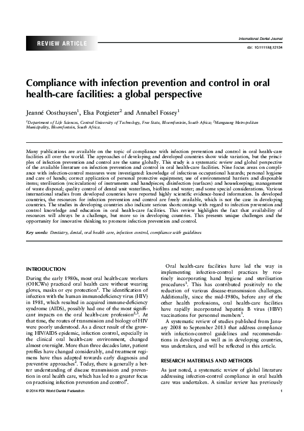 (PDF) Compliance with infection prevention and control in oral health ...