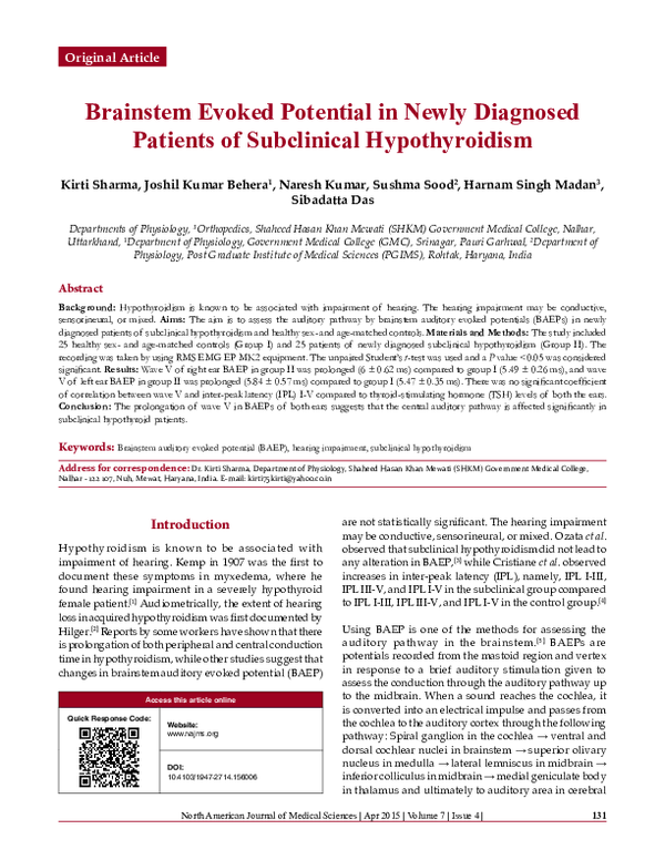(PDF) Brainstem evoked potential in newly diagnosed patients of ...