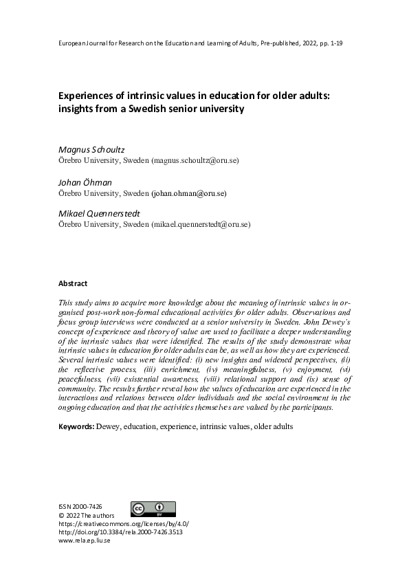 (PDF) Experiences of intrinsic values in education for older adults ...