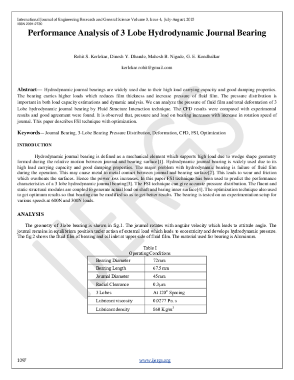 (PDF) Performance Analysis of 3 Lobe Hydrodynamic Journal Bearing