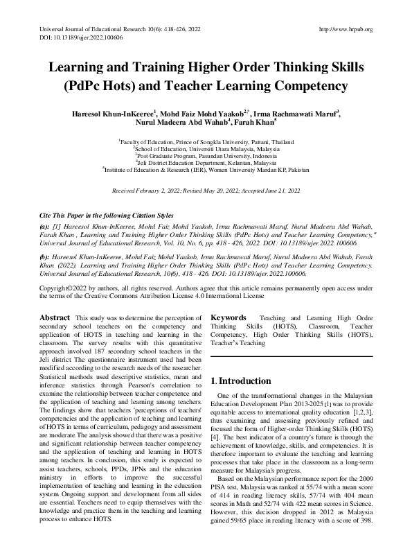 (PDF) Learning and Training Higher Order Thinking Skills (PdPc Hots ...